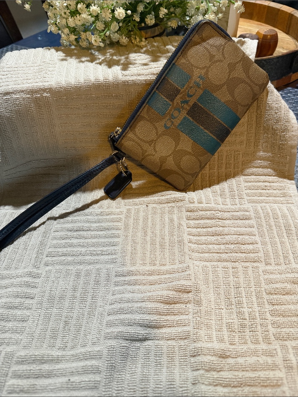 Coach Khaki Signature Wristlet with Teal and Navy Stripes - Picture 2 of 5